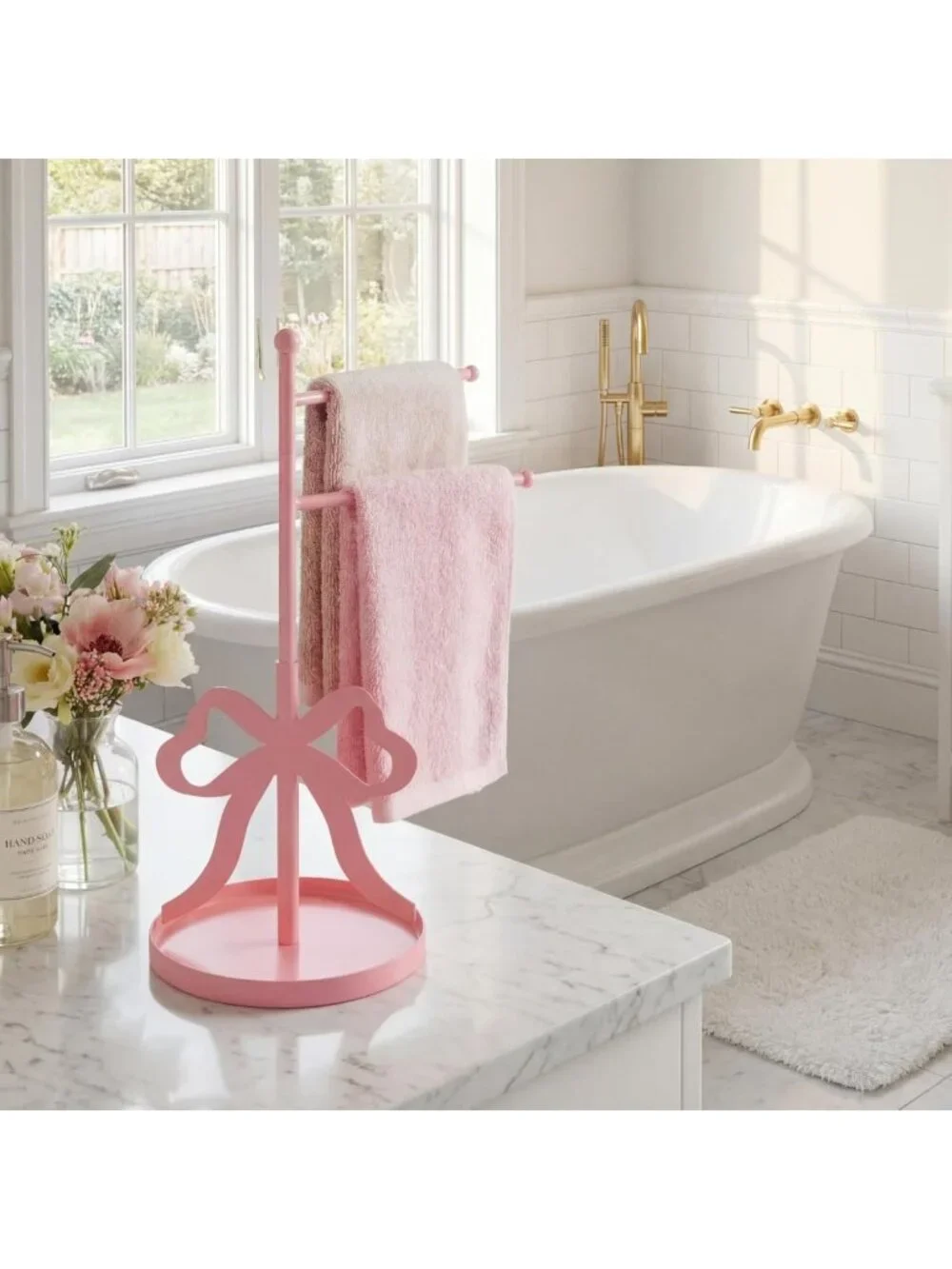 Cute Pink Bow Towel Holder - F-Shape Hand Towel Stand with Swivel Arms for